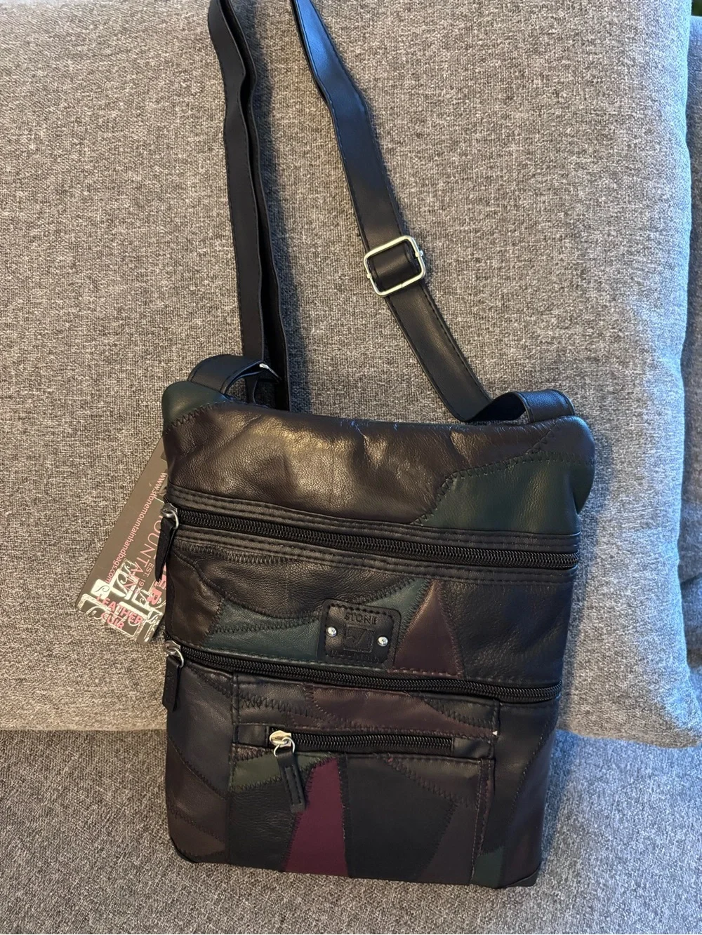 Stone Mountain black, soft leather plum burgundy mult-color patch Crossbody Bag